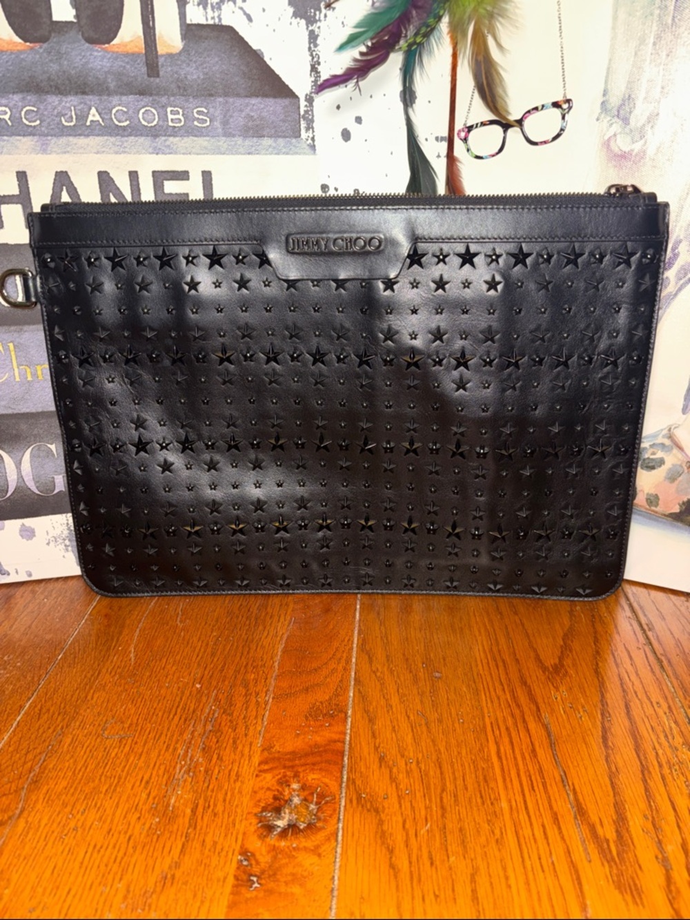 Jimmy Choo Black Leather Star Studded XL Clutch Portfolio Made In Italy